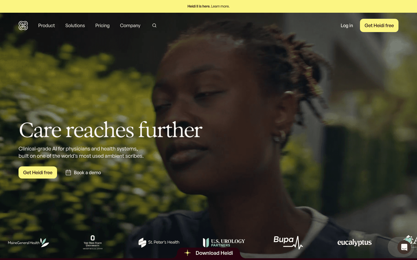 Heidi Health's homepage with a Get Heidi free button