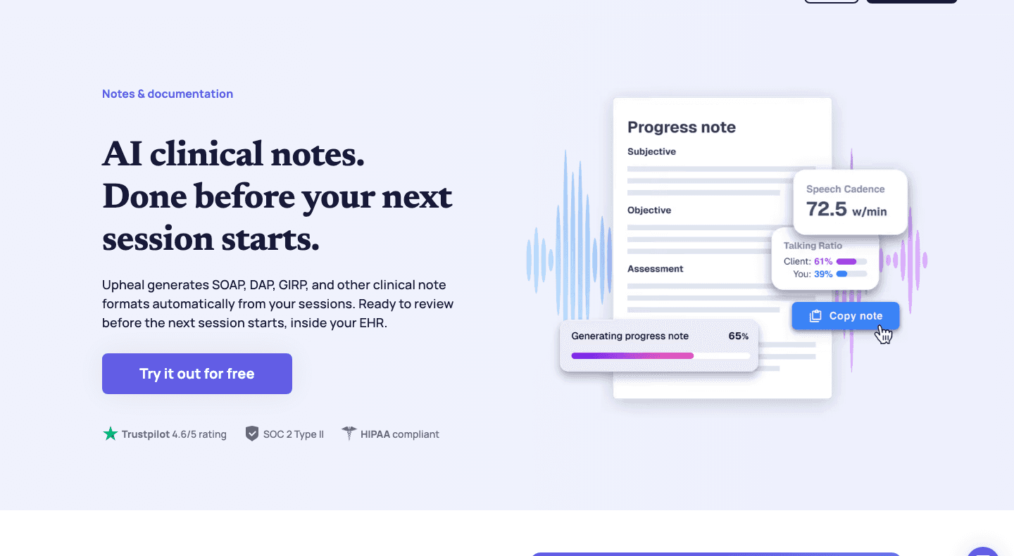 Upheal's AI clinical notes page showing a progress note with talking-ratio and speech-cadence metrics