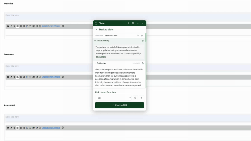 Claire's side panel over a PtEverywhere note, pushing the generated note into its Subjective and Objective fields