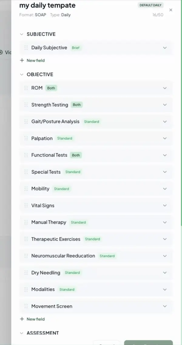 Claire's template editor: Objective fields like ROM, Strength Testing and Special Tests, with a new Bladder Function field being added